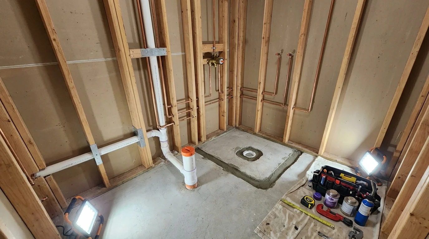 Bathroom rough-in plumbing during remodel by Johns Plumbing LLC in Morris