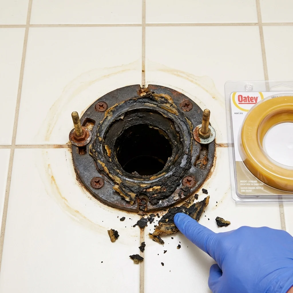 Failed wax ring showing water seepage at the base of a toilet in a Morris, OK home