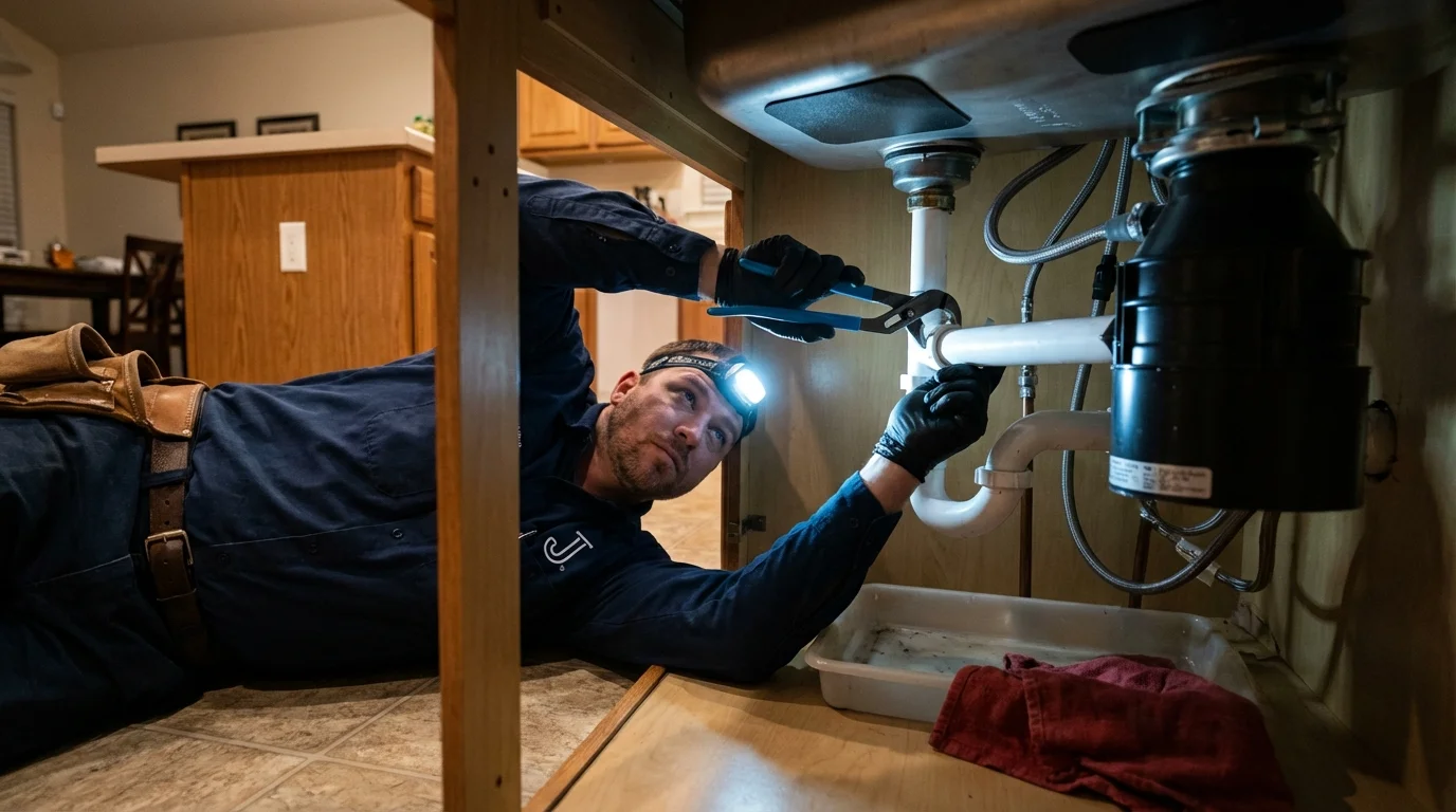 P-trap and supply line connections under a kitchen sink showing a common leak point in Morris, OK